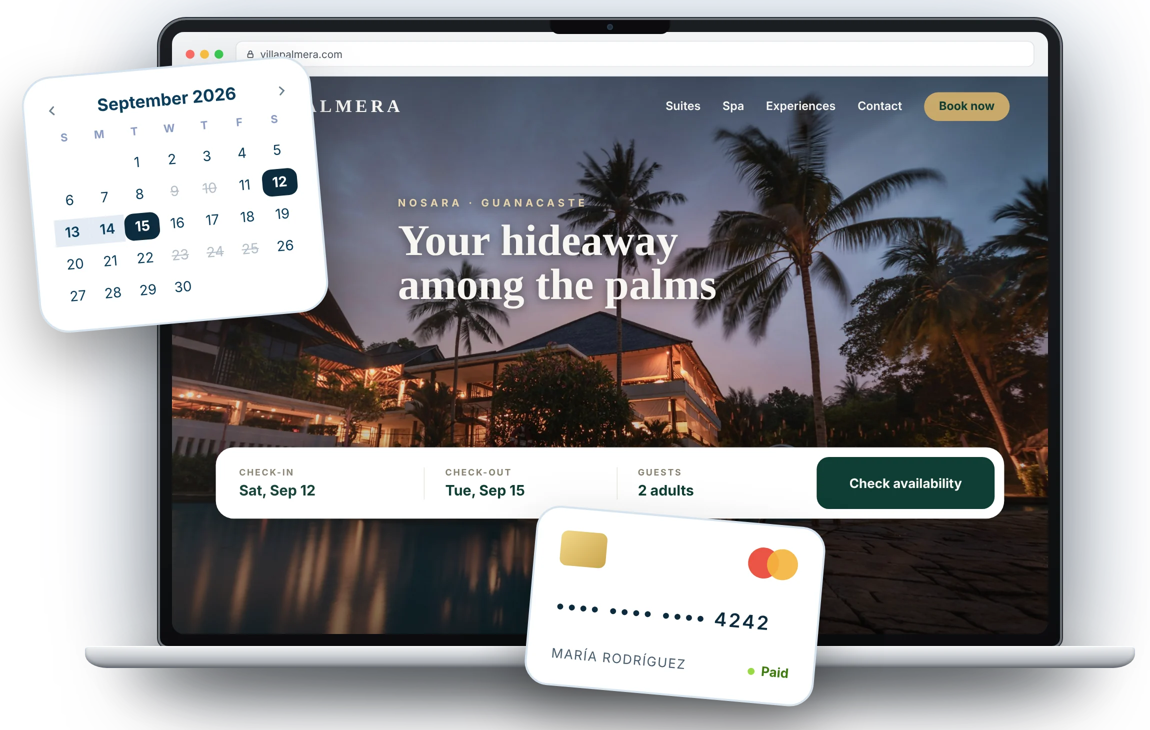 Laptop con un sitio de hotel y su barra de reservas, calendario y tarjeta de pago