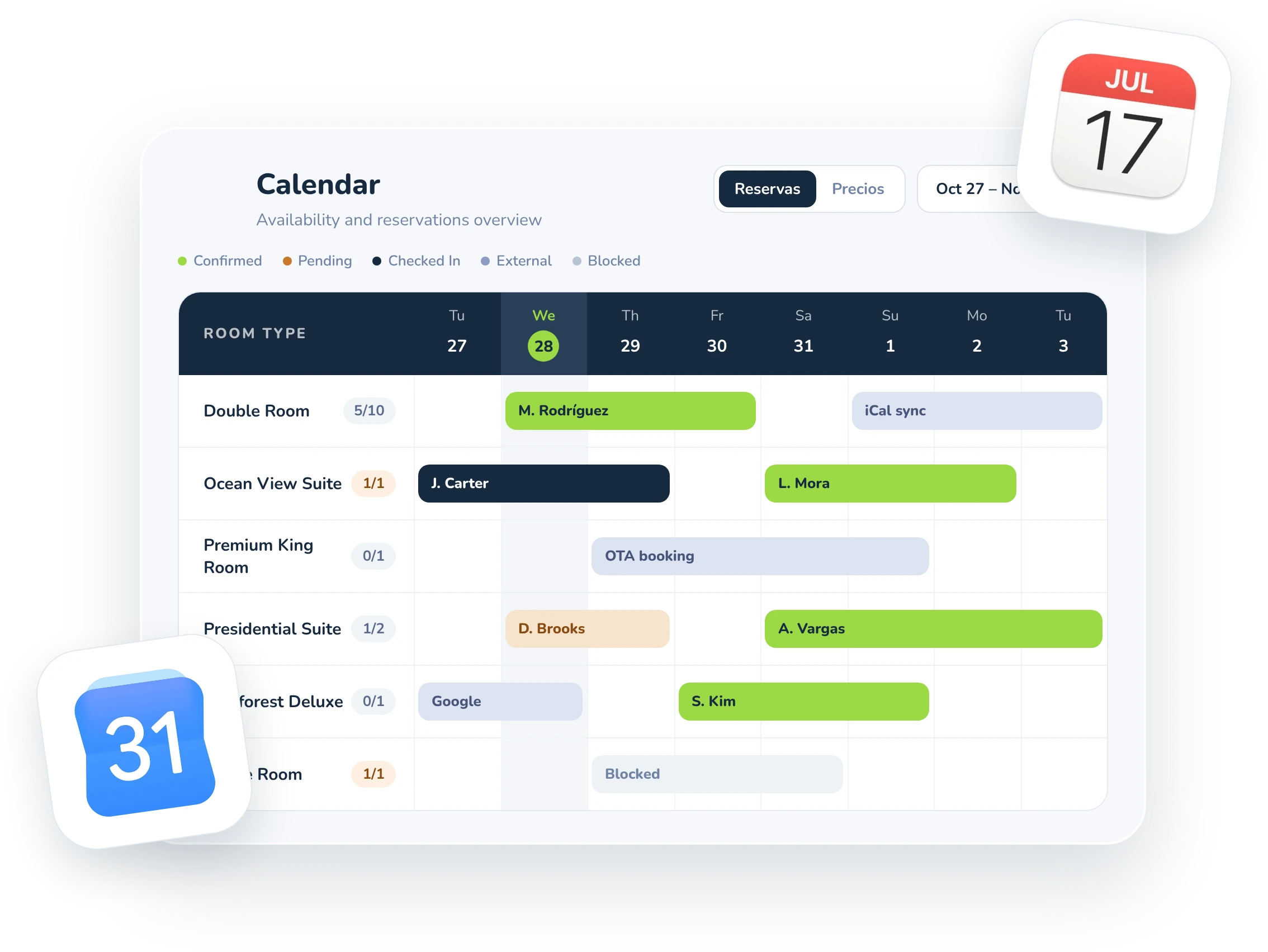 Calendario de Hostli con reservas directas y sincronizadas desde OTAs, iCal y Google Calendar